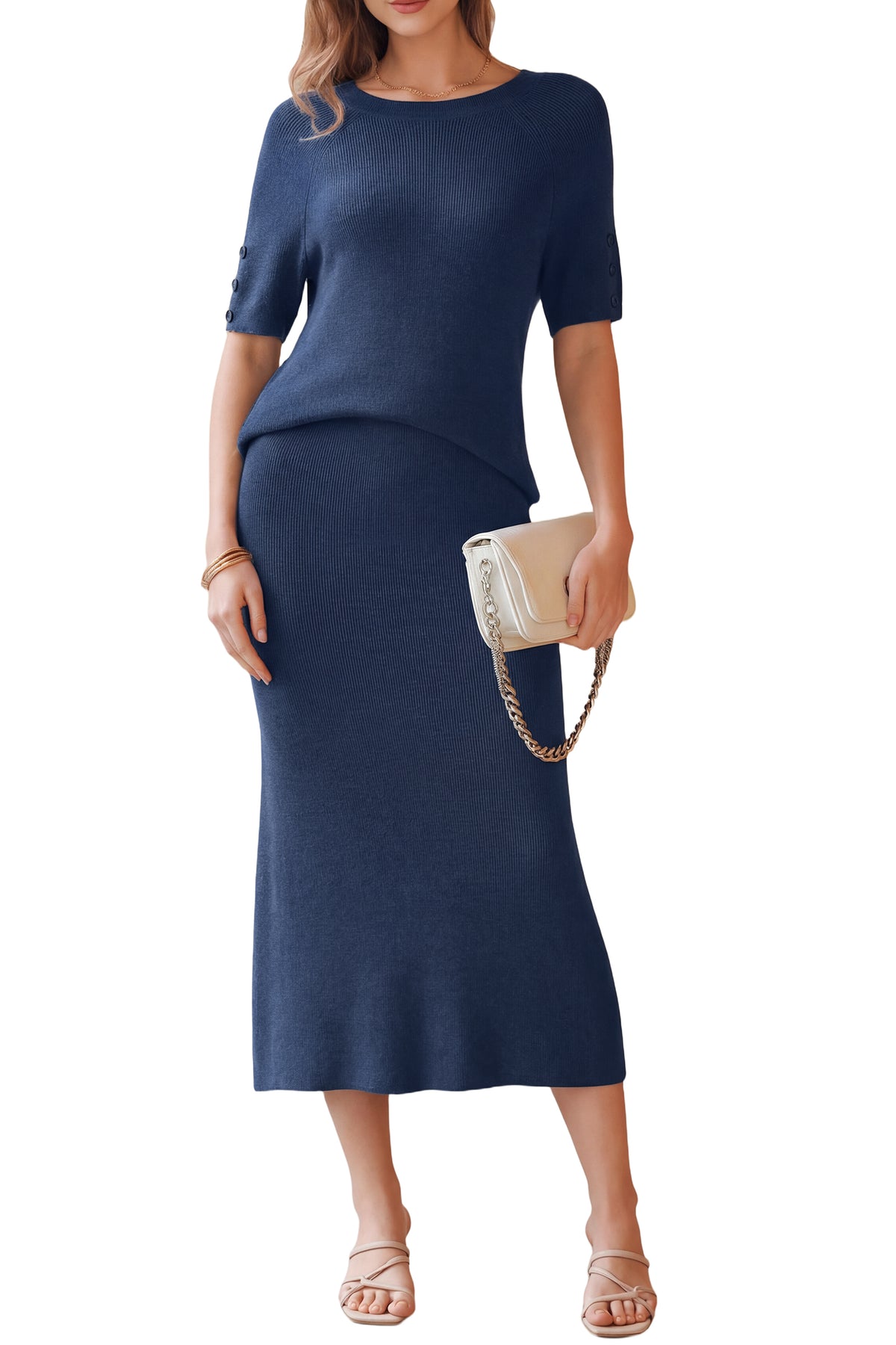 Arach&Cloz Wool-Blend Short-Sleeve Midi Two-Piece Set — product image 33