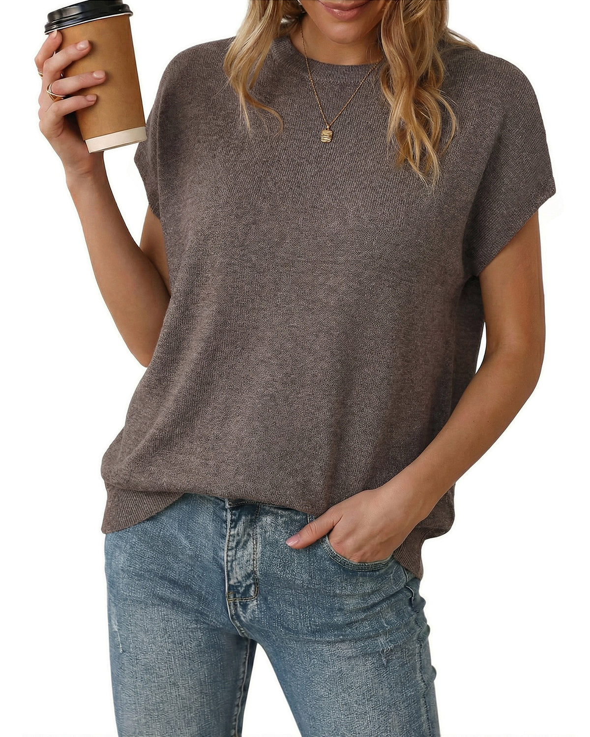 Arach&Cloz Women's Wool Blend Oversized Short-Sleeve Sweater(2026)