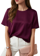 Arach&Cloz Women's Acetate Satin Crew Neck Loose Fit Blouse