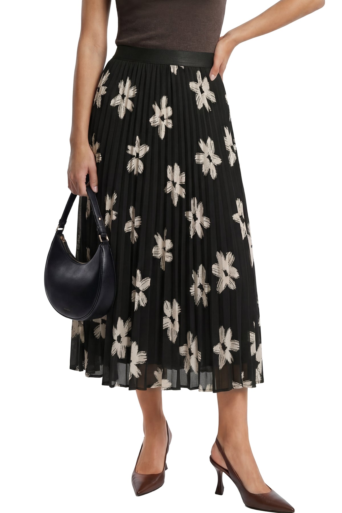 Arach&Cloz Women's Chiffon A-Line Elastic Waist Pleated Floral Skirt