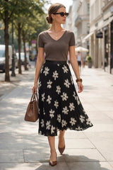 Arach&Cloz Women's Chiffon A-Line Elastic Waist Pleated Floral Skirt
