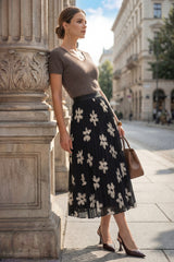 Arach&Cloz Women's Chiffon A-Line Elastic Waist Pleated Floral Skirt