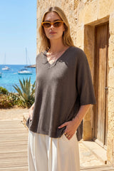Arach&Cloz Women's Oversized Wool Blend Elbow-Sleeve Summer Sweater