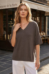 Arach&Cloz Women's Oversized Wool Blend Elbow-Sleeve Summer Sweater