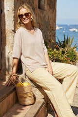 Arach&Cloz Women's Oversized Wool Blend Elbow-Sleeve Summer Sweater