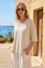 Arach&Cloz Women's Oversized Wool Blend Elbow-Sleeve Summer Sweater