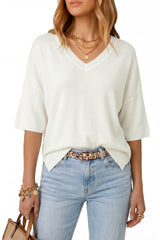 Arach&Cloz Women's Oversized Wool Blend Elbow-Sleeve Summer Sweater