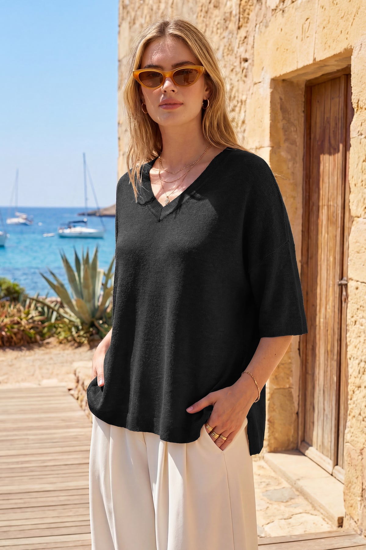 Arach&Cloz Wool-Blend Elbow-Sleeve Oversized Pullover — product image 30