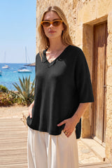 Arach&Cloz Women's Oversized Wool Blend Elbow-Sleeve Summer Sweater
