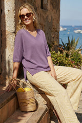 Arach&Cloz Women's Oversized Wool Blend Elbow-Sleeve Summer Sweater