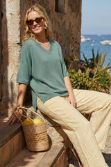Arach&Cloz Women's Oversized Wool Blend Elbow-Sleeve Summer Sweater