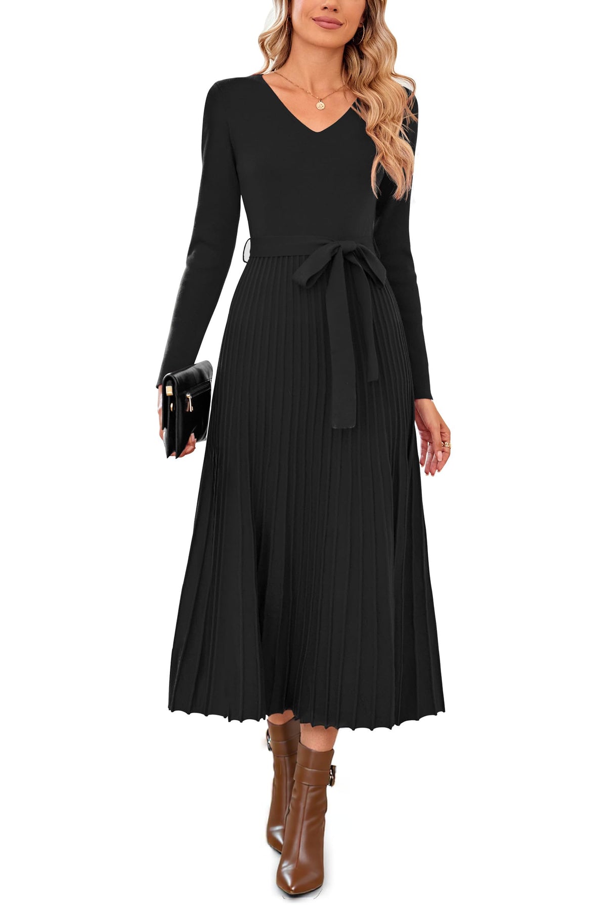 Arach&Cloz Wool-Blend Tie-Waist Pleated Dress — product image 8
