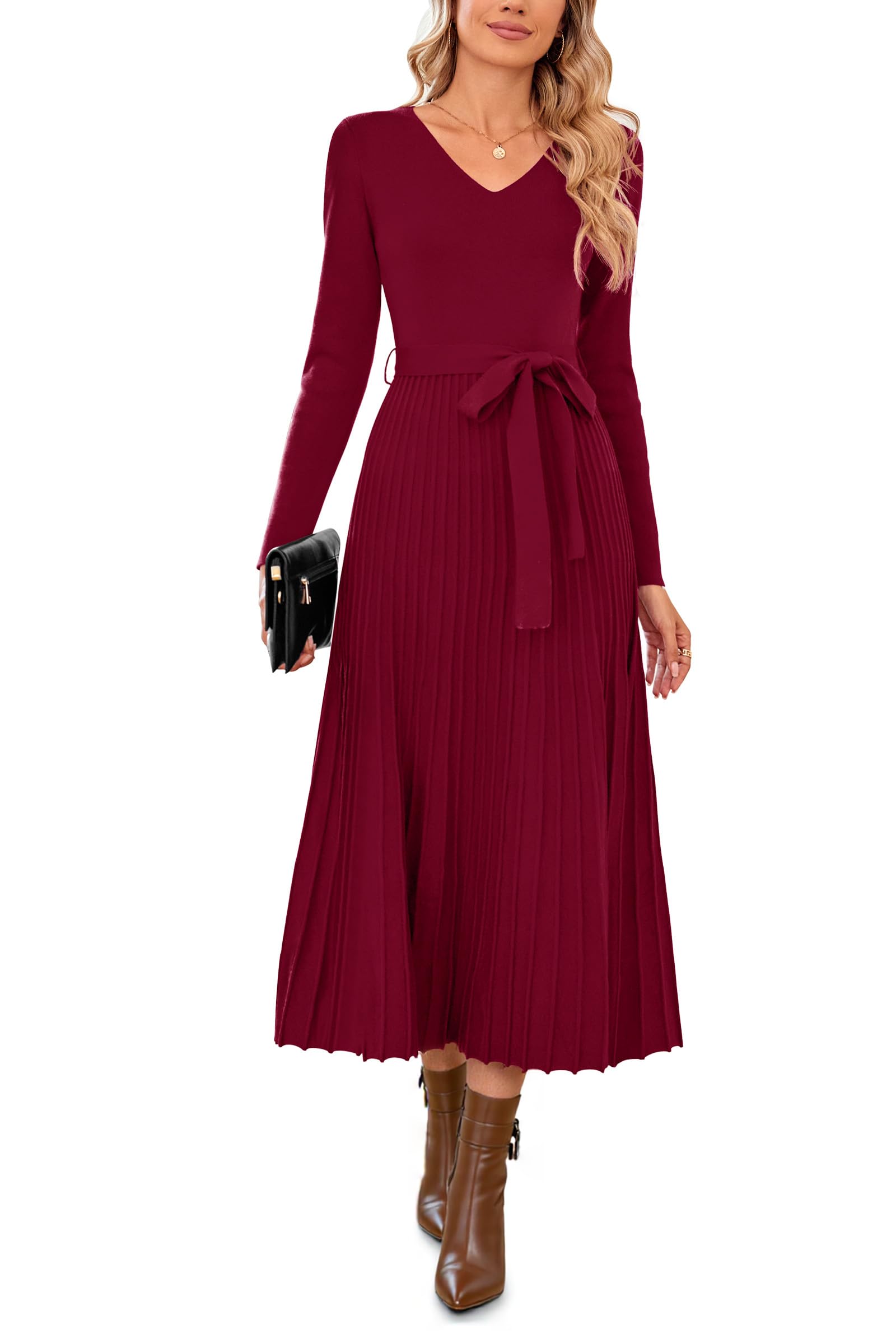 Arach&Cloz Women's Wool Blend Tie Waist Pleated Fall Sweater Dress 2025