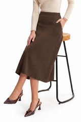 Arach&Cloz Women's Wool Blend A Line Sweater Skirt Elastic Waist Side Pockets