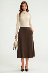 Arach&Cloz Women's Wool Blend A Line Sweater Skirt Elastic Waist Side Pockets