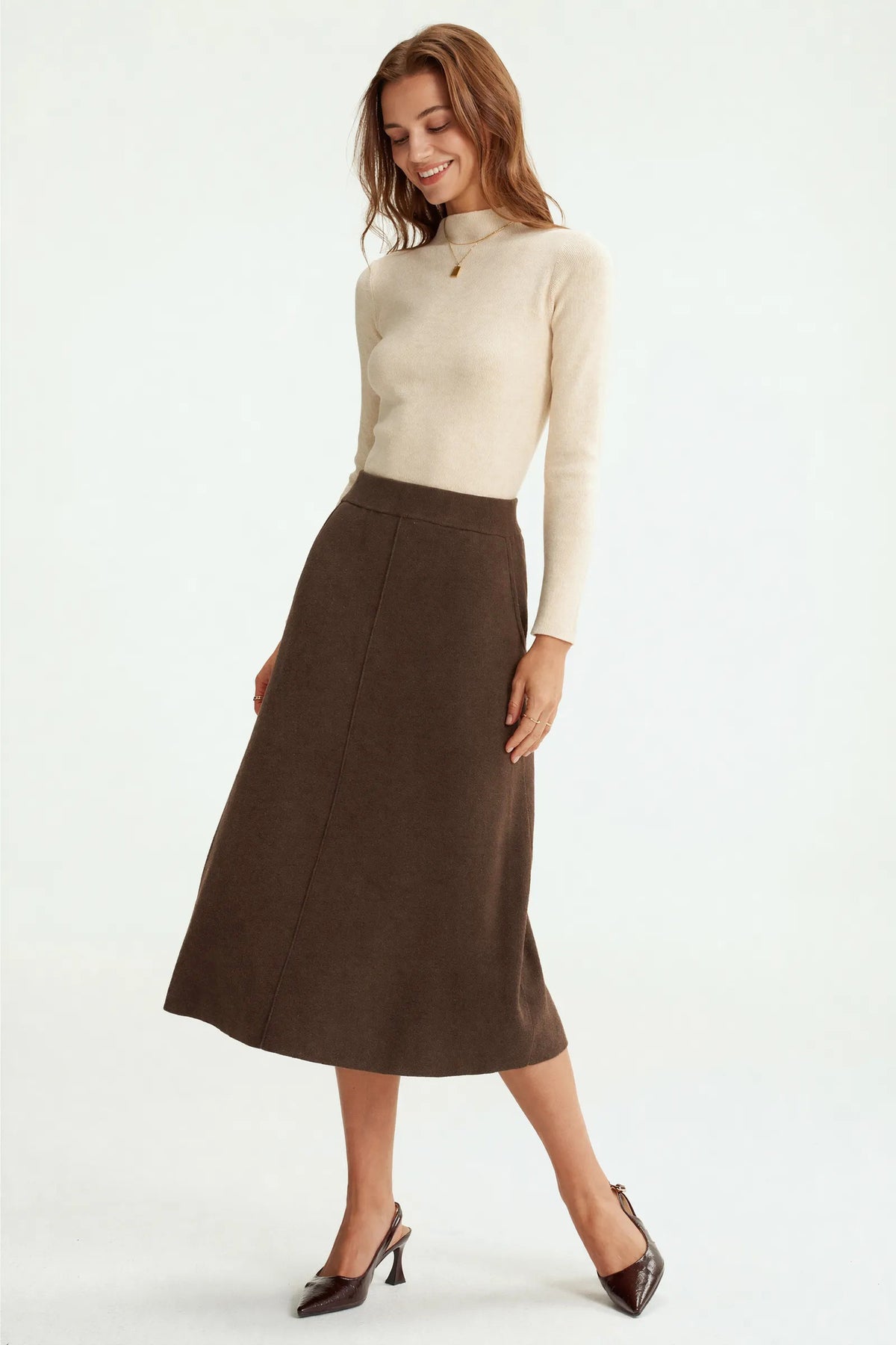 Arach&Cloz Wool-Blend Elastic-Waist A-Line Pocket Skirt — product image 4