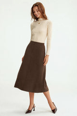 Arach&Cloz Women's Wool Blend A Line Sweater Skirt Elastic Waist Side Pockets