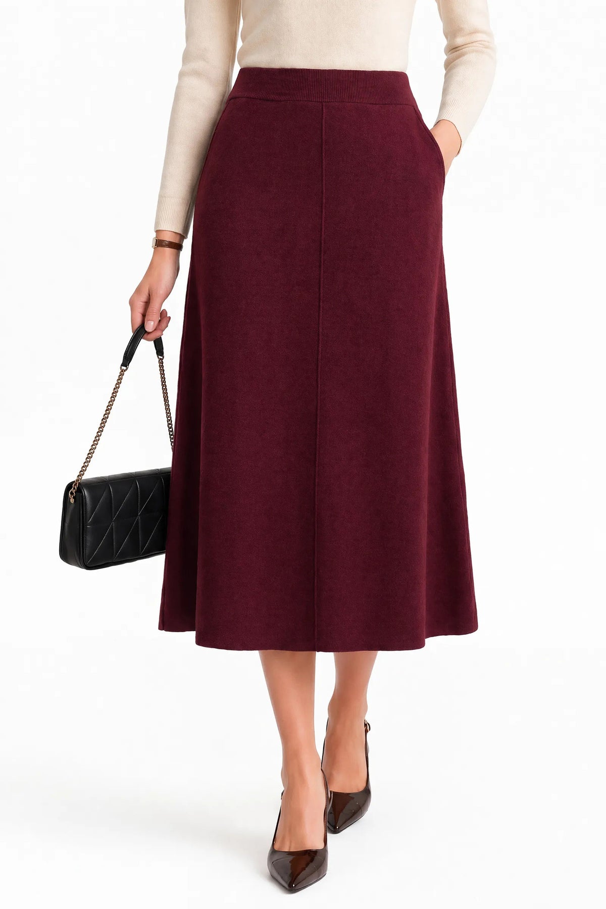 Arach&Cloz Wool-Blend Elastic-Waist A-Line Pocket Skirt — product image 8