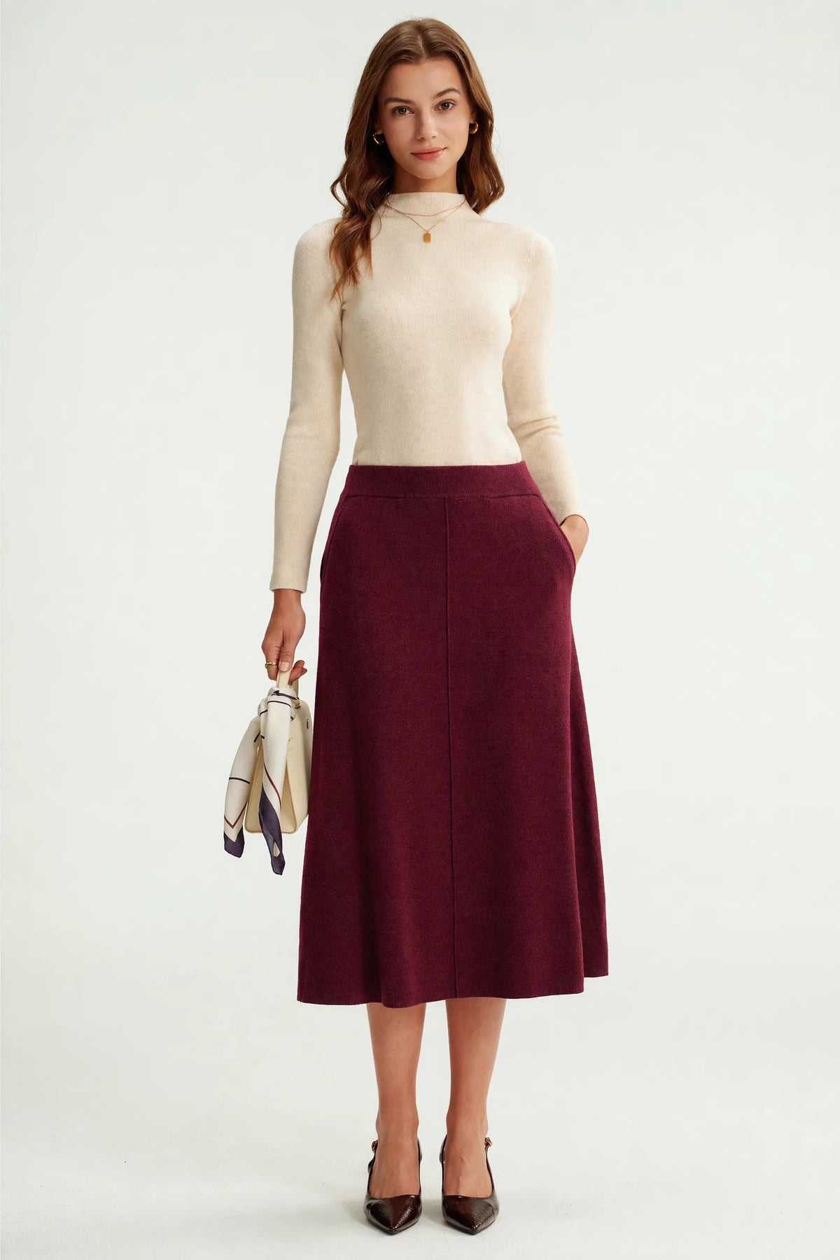Arach&Cloz Wool-Blend Elastic-Waist A-Line Pocket Skirt — product image 10