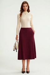 Arach&Cloz Women's Wool Blend A Line Sweater Skirt Elastic Waist Side Pockets