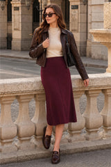Arach&Cloz Women's Wool Blend A Line Sweater Skirt Elastic Waist Side Pockets