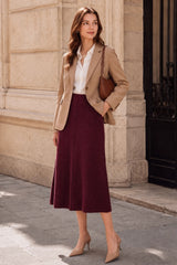 Arach&Cloz Women's Wool Blend A Line Sweater Skirt Elastic Waist Side Pockets