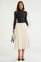 Arach&Cloz Women's Wool Blend A Line Sweater Skirt Elastic Waist Side Pockets