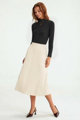 Arach&Cloz Women's Wool Blend A Line Sweater Skirt Elastic Waist Side Pockets