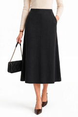 Arach&Cloz Women's Wool Blend A Line Sweater Skirt Elastic Waist Side Pockets