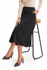 Arach&Cloz Women's Wool Blend A Line Sweater Skirt Elastic Waist Side Pockets