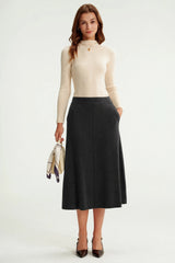 Arach&Cloz Women's Wool Blend A Line Sweater Skirt Elastic Waist Side Pockets