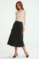 Arach&Cloz Women's Wool Blend A Line Sweater Skirt Elastic Waist Side Pockets