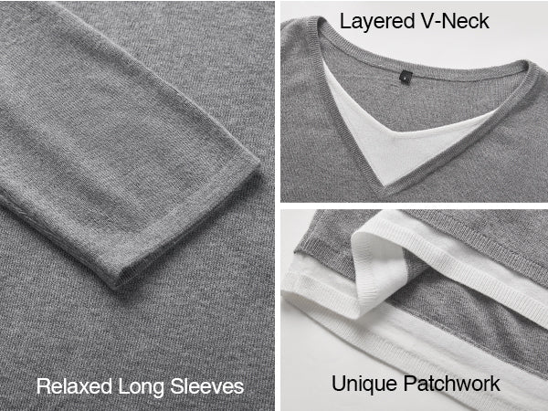 Women's Wool Blend 2 in 1 Patchwork V Neck Casual Sweater Tops A+ 图文
