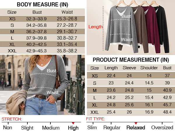 Women's Wool Blend 2 in 1 Patchwork V Neck Casual Sweater Tops A+ 图文