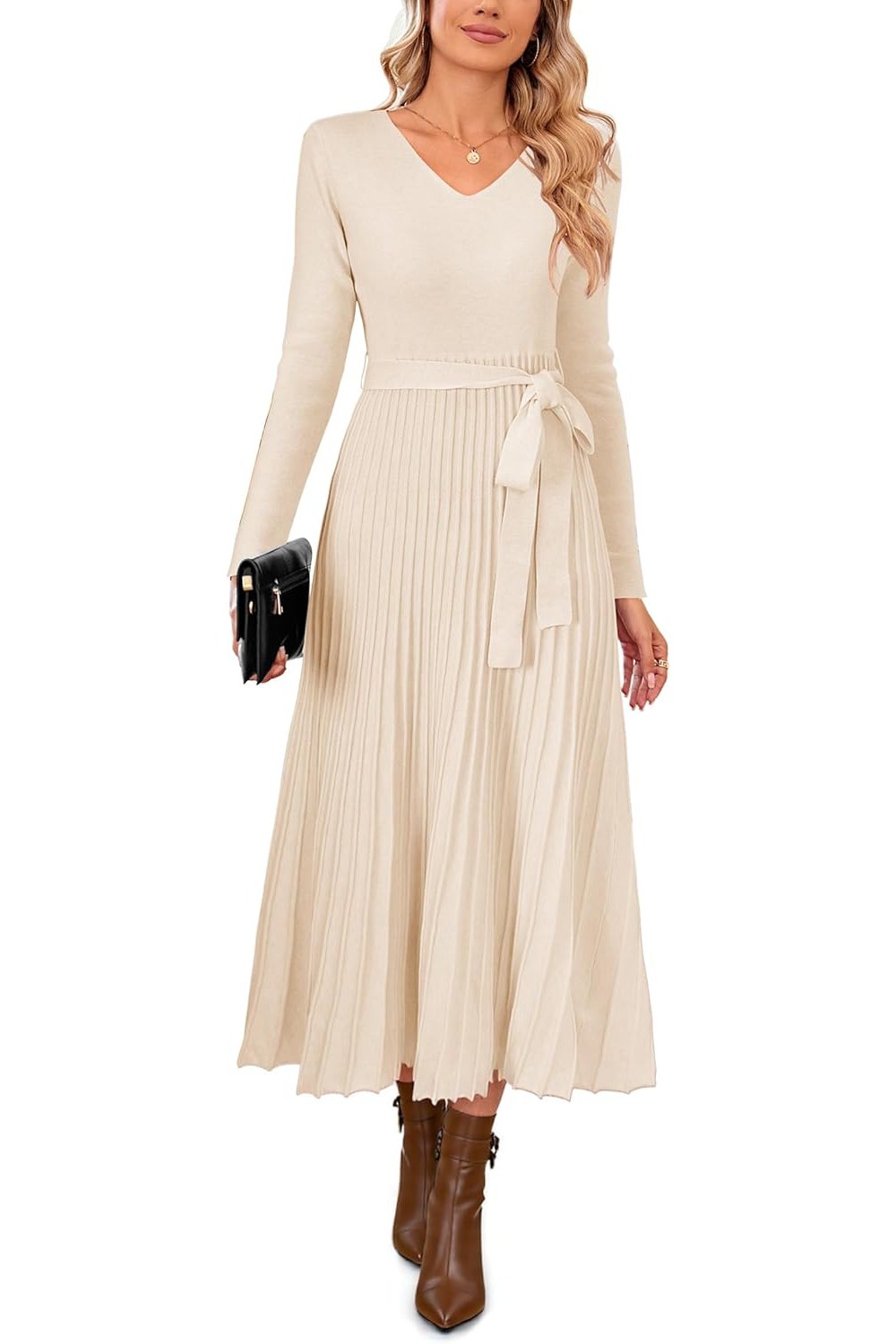 Arach&Cloz Women's Wool Blend Tie Waist Pleated Fall Sweater Dress 2025