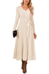 Arach&Cloz Women's Wool Blend Tie Waist Pleated Fall Sweater Dress 2025