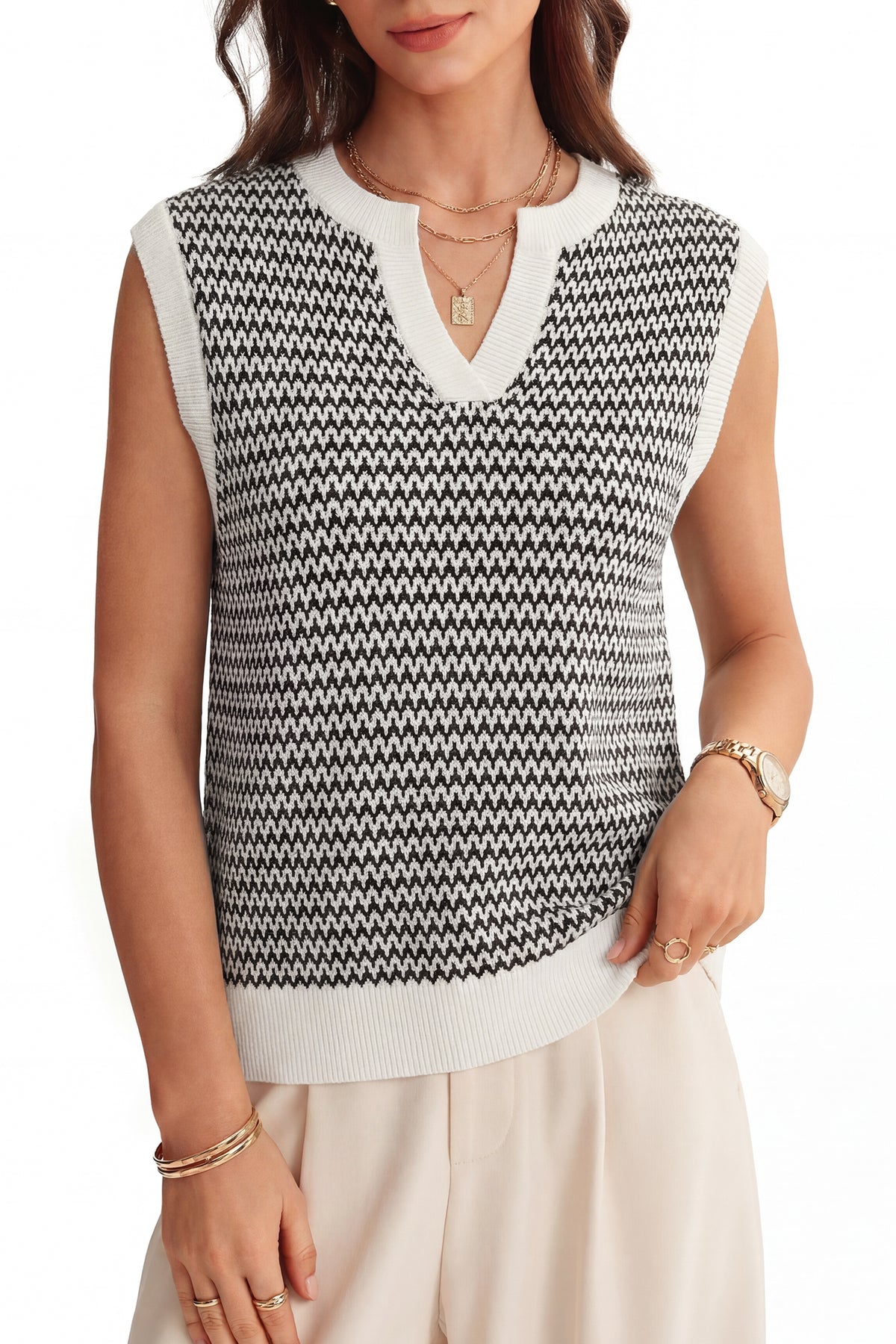 Arach&Cloz Women's 100% Cotton V Neck Striped Polo Vest Regular Fit