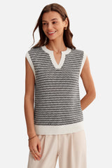 Arach&Cloz Women's 100% Cotton V Neck Striped Polo Vest Regular Fit