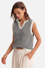 Arach&Cloz Women's 100% Cotton V Neck Striped Polo Vest Regular Fit