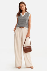 Arach&Cloz Women's 100% Cotton V Neck Striped Polo Vest Regular Fit