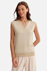 Arach&Cloz Women's 100% Cotton V Neck Striped Polo Vest Regular Fit