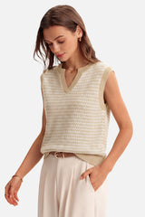 Arach&Cloz Women's 100% Cotton V Neck Striped Polo Vest Regular Fit