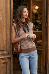Arach&Cloz Women's 100% Cotton V Neck Striped Polo Vest Regular Fit