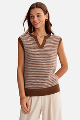 Arach&Cloz Women's 100% Cotton V Neck Striped Polo Vest Regular Fit