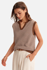 Arach&Cloz Women's 100% Cotton V Neck Striped Polo Vest Regular Fit