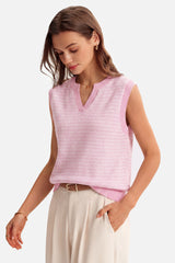 Arach&Cloz Women's 100% Cotton V Neck Striped Polo Vest Regular Fit
