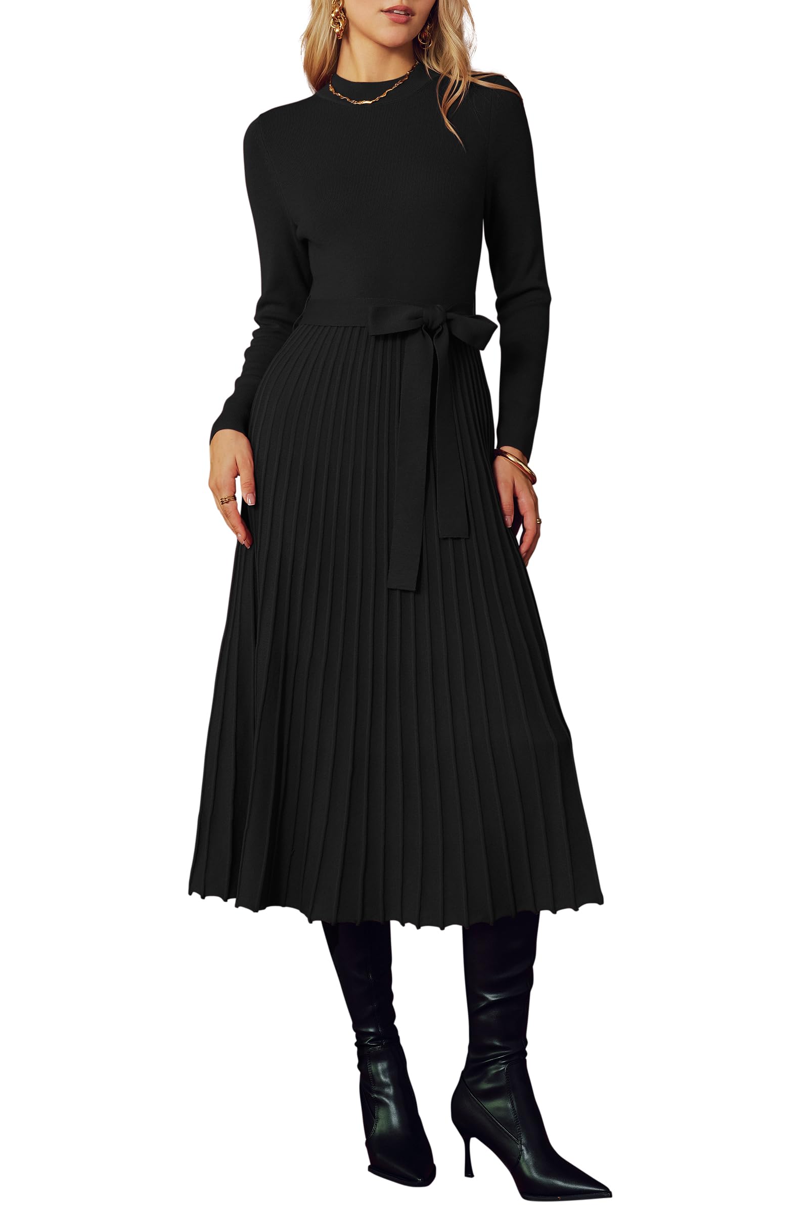 Arach&Cloz Women's Wool Blend Mock Neck Tie Waist Fall Winter Pleated Sweater Dress 2025