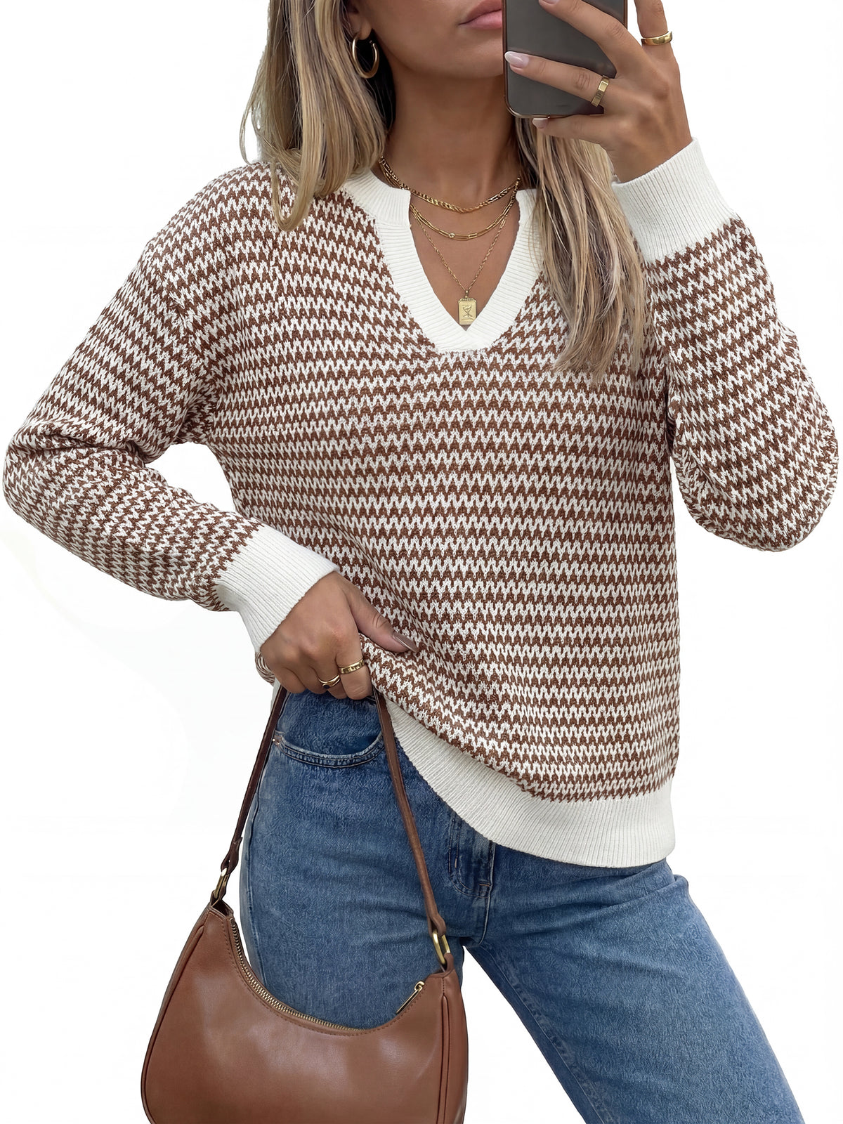Arach&Cloz Women's 100% Cotton V Neck Striped Short Sleeve Polo Sweater