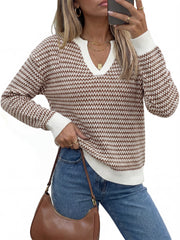 Arach&Cloz Women's 100% Cotton V Neck Striped Short Sleeve Polo Sweater