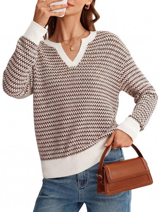 Arach&Cloz Women's 100% Cotton V Neck Striped Short Sleeve Polo Sweater